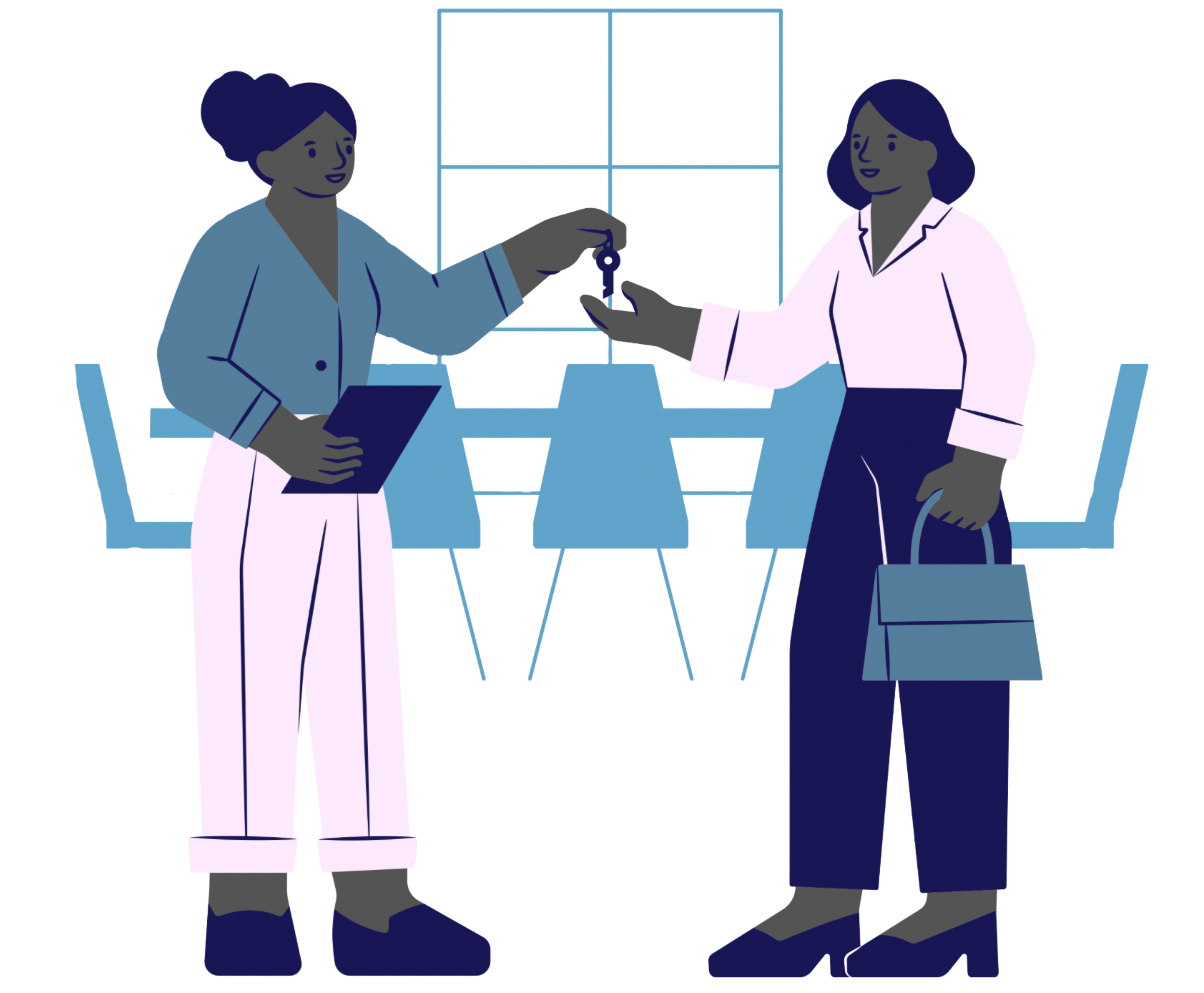 Deux femmes se passant des clés lors d'une remise de logement